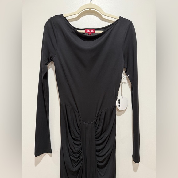 NEW STAUD Gres Dress, boat neck midi ruched waterfall heavy draped, Black Medium - Picture 9 of 13